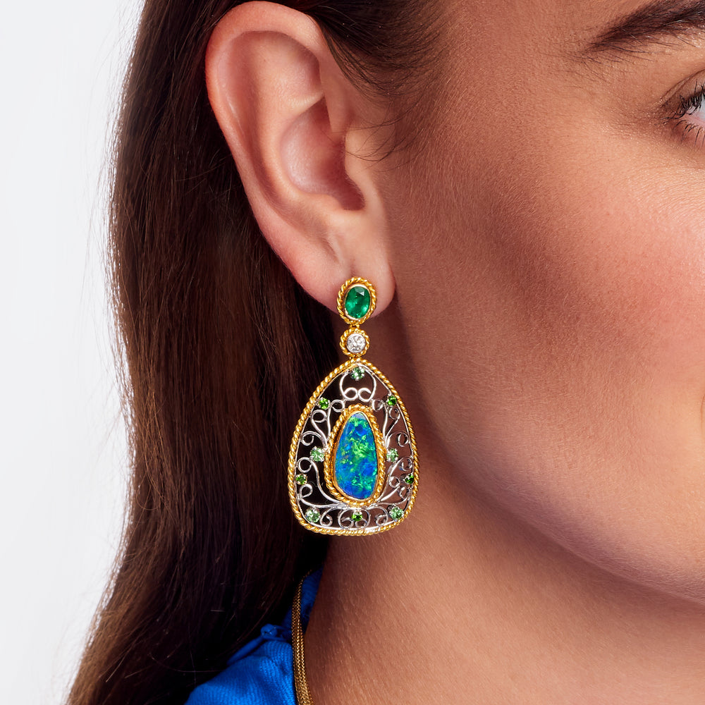 Opal & Emerald Shorter Filigree Earrings