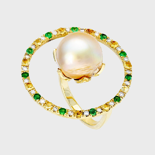 Floating Circle Pearl Ring with Tsavorite and Diamonds Brenda Smith