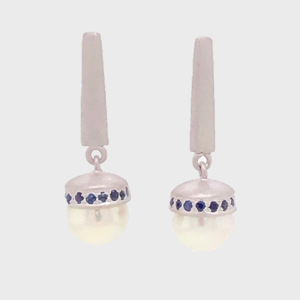 Akoya Pearl and Sapphire Earrings in Brushed Sterling – Brenda