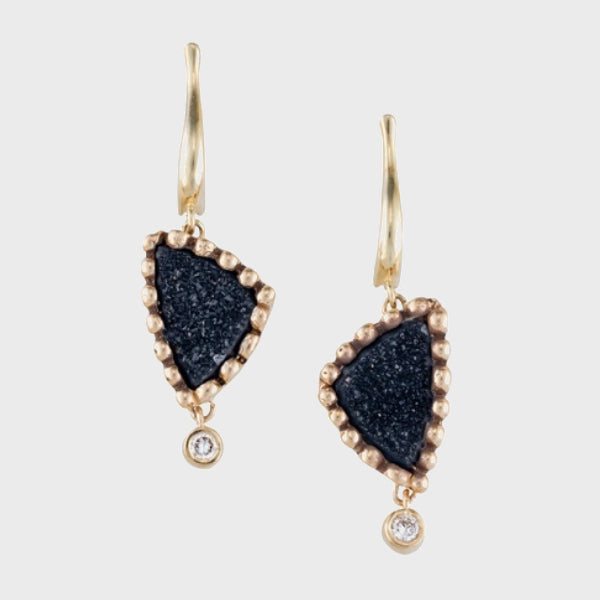 Black Onyx Druzy Triangle and Diamonds Gold Earrings
