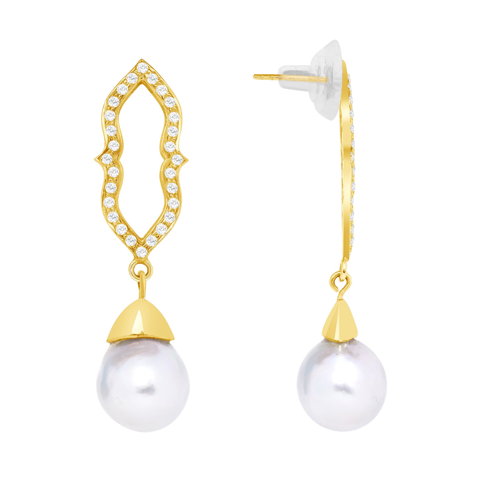 South Sea, Gold Onion Dome Pearl Earrings with Diamonds