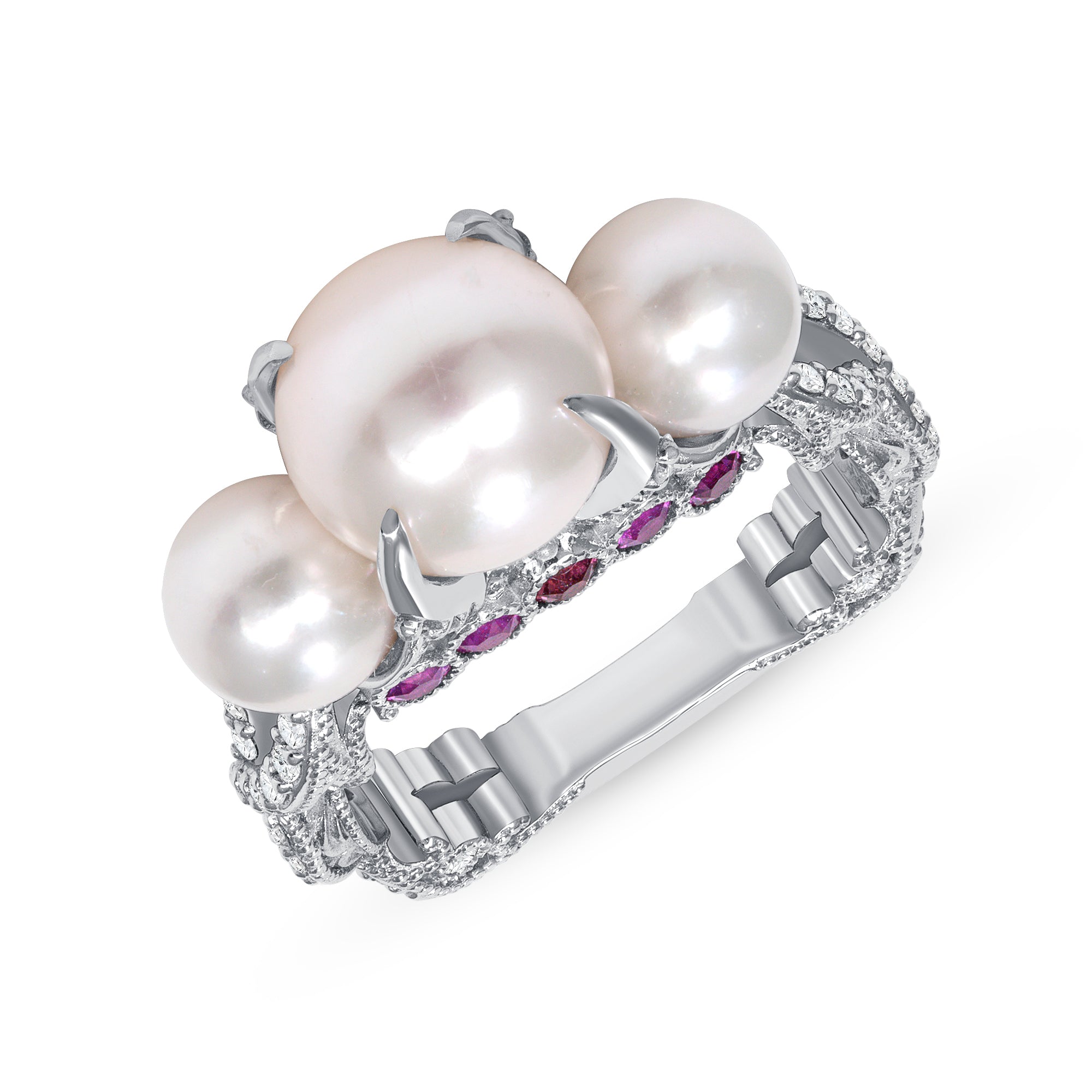 Trifecta Akoya Pearl Ring With Diamonds and Pink Sapphires