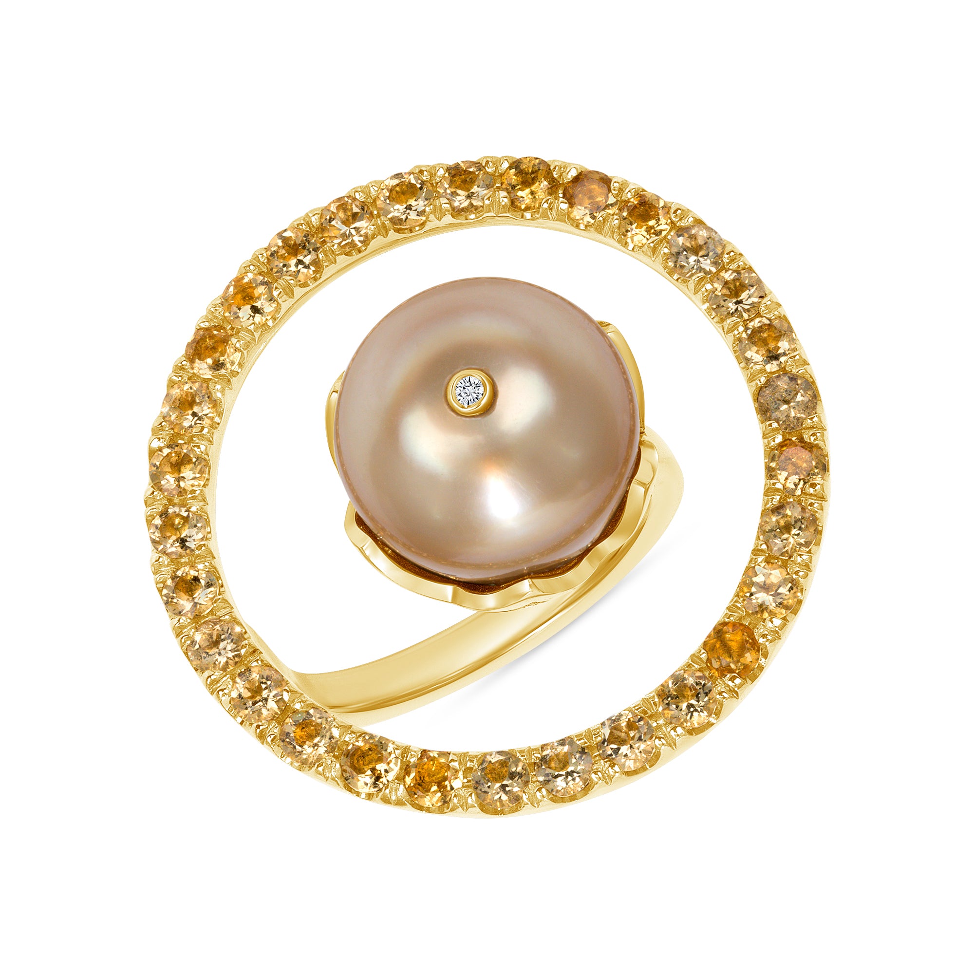 Floating Circle Pearl, Yellow Beryl, Tsavorite, Diamond Ring