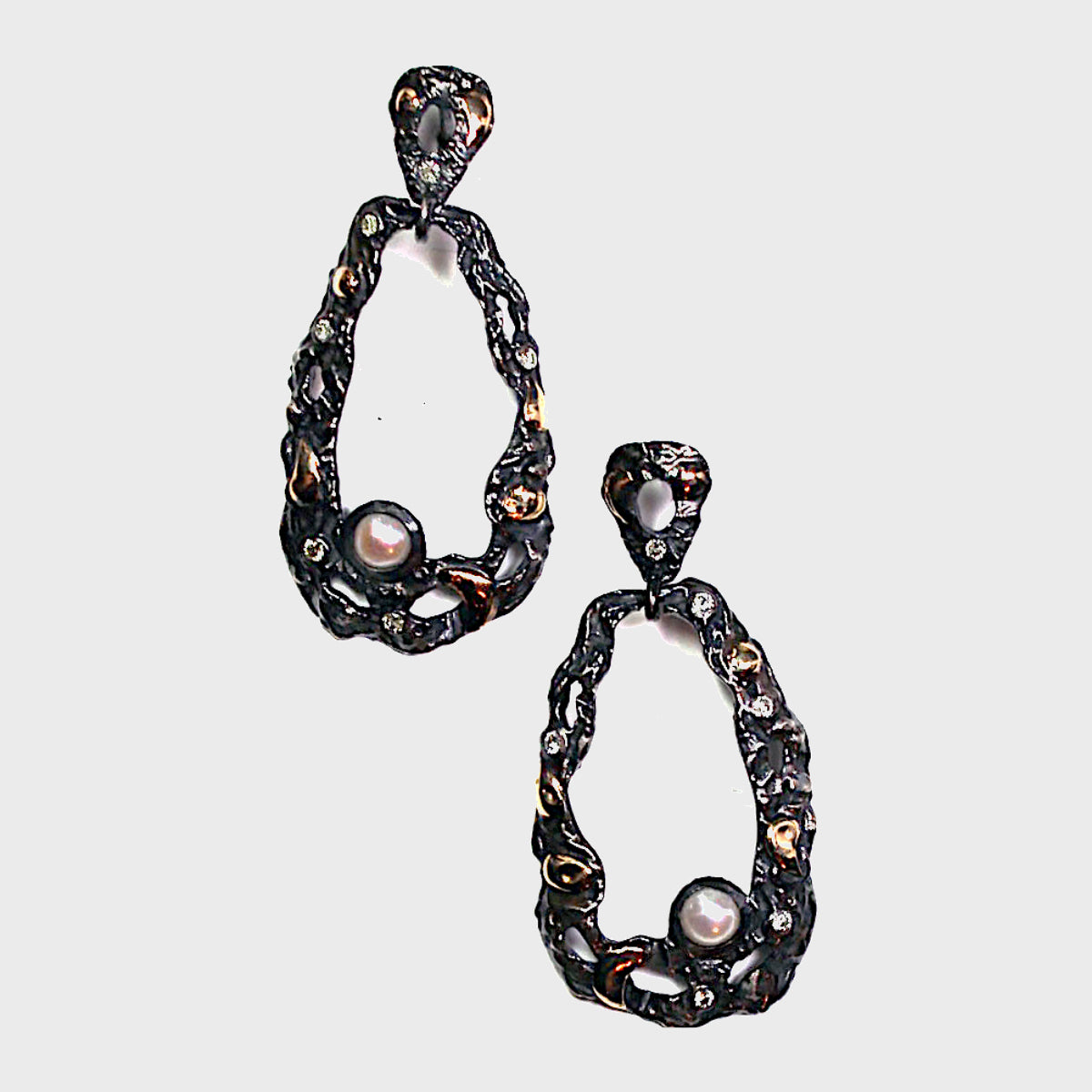 Open Oval Drop Earrings With Pearl & Diamonds