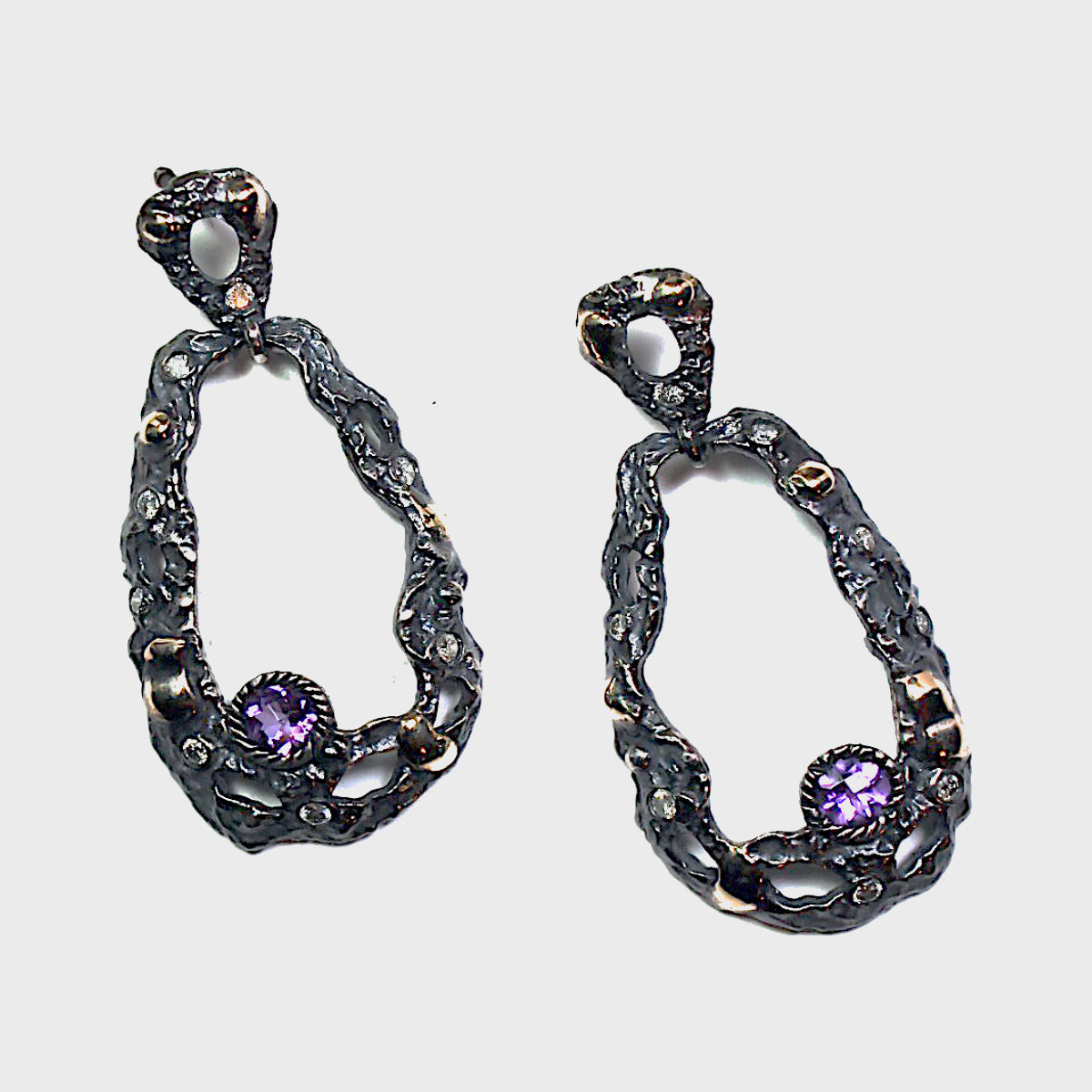 Open Oval Drop Earrings With Amethyst & Diamonds
