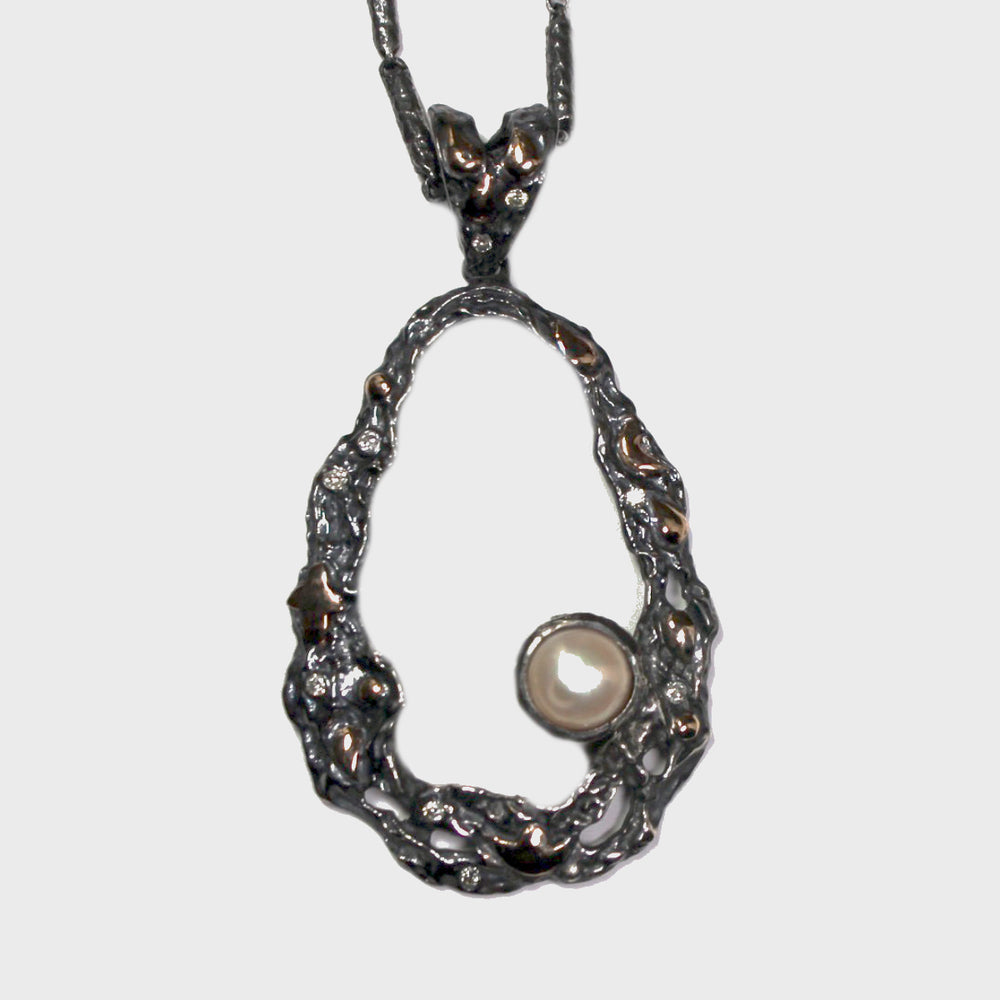Open Oval Drop Pendant With Pearl & Diamonds