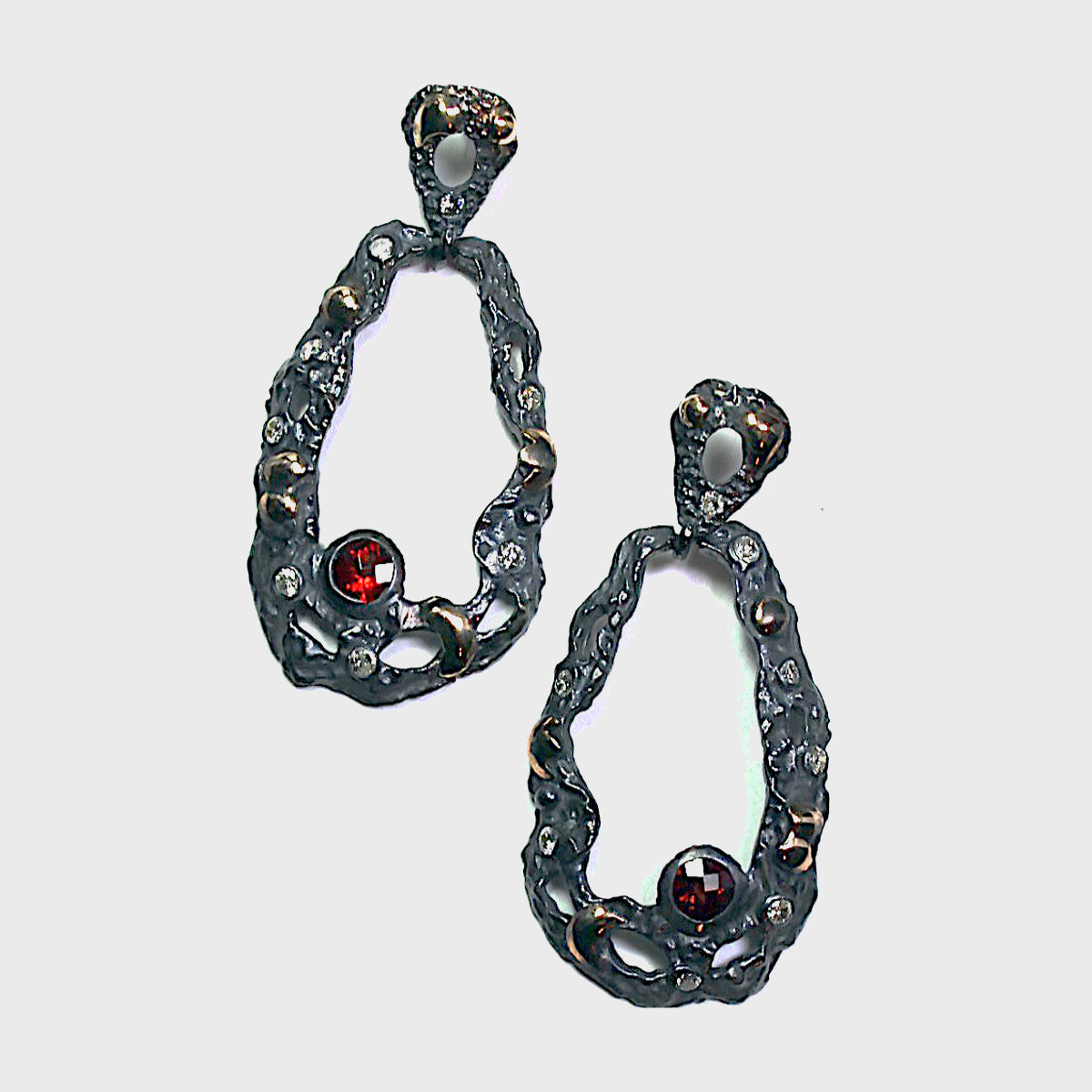 Open Oval Drop Earrings With Garnet & Diamonds