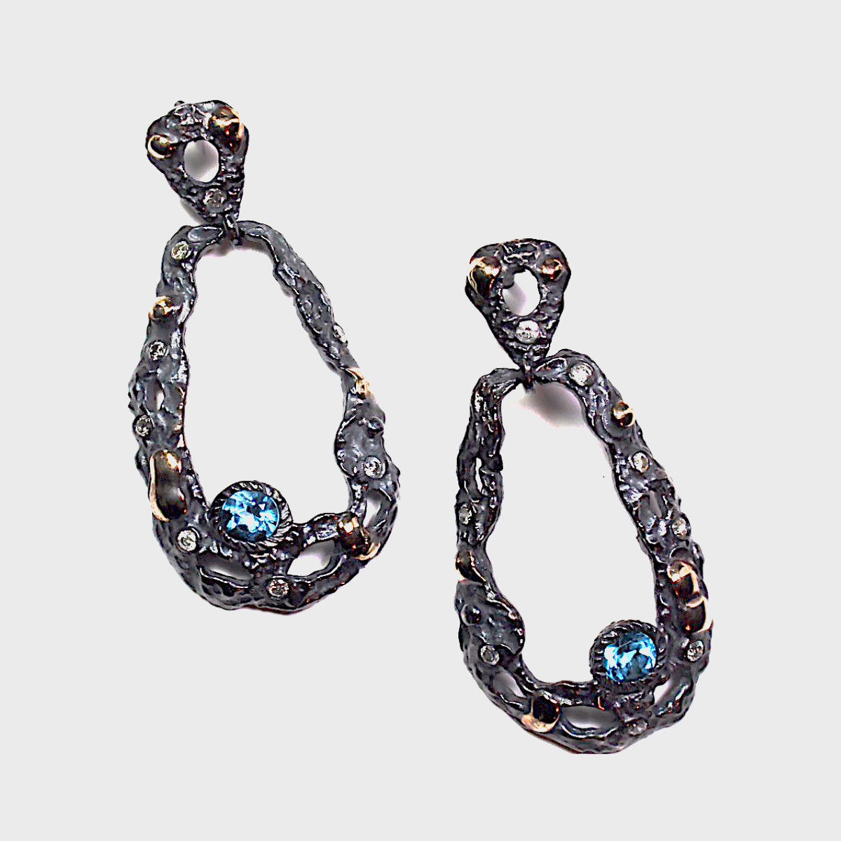 Open Oval Drop Earrings With Blue Topaz & Diamonds