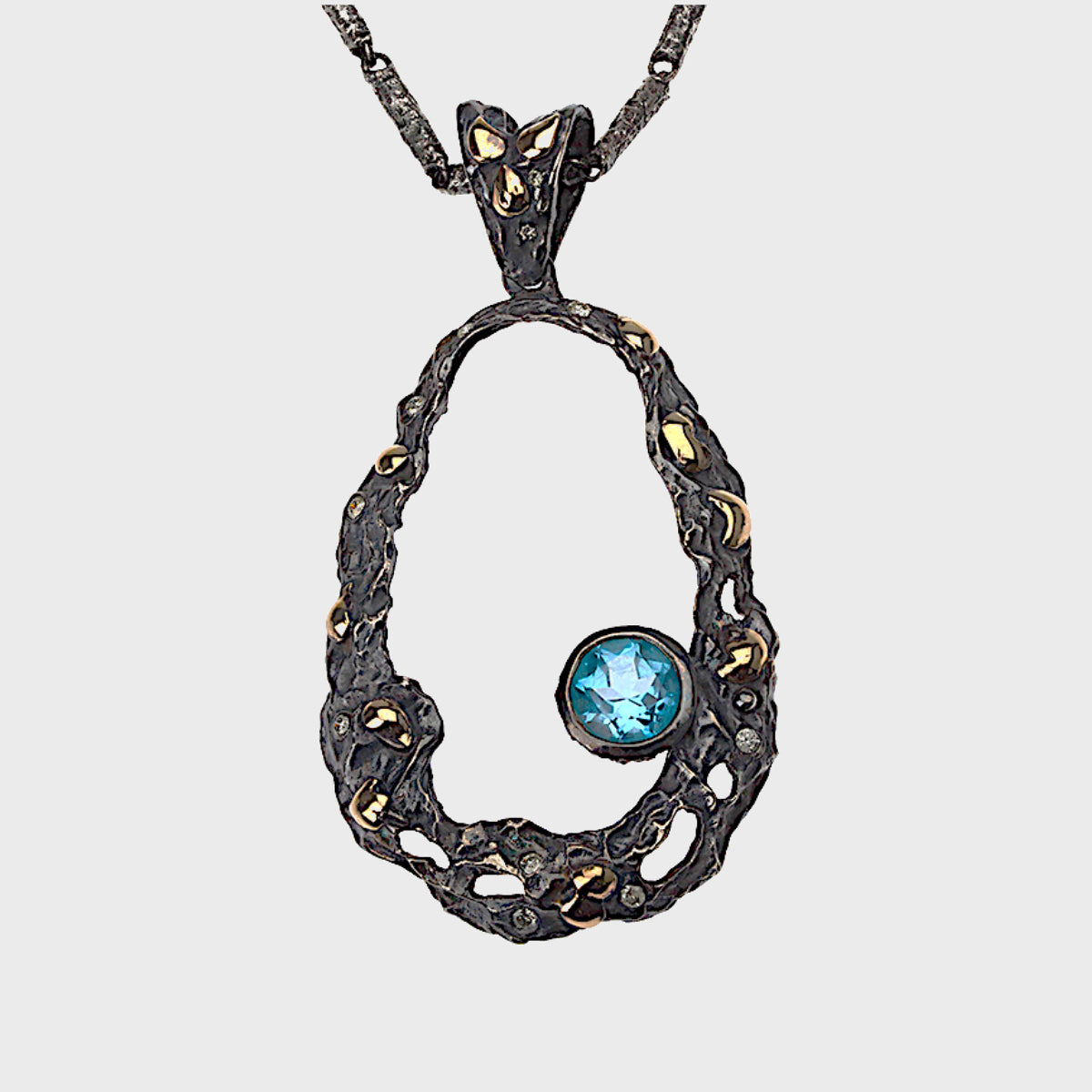 Open Oval Drop Pendant With Blue Zircon & Diamonds