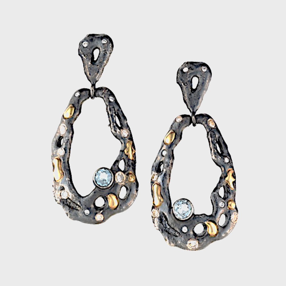 Open Oval Drop Earrings With Blue Zircon & Diamonds