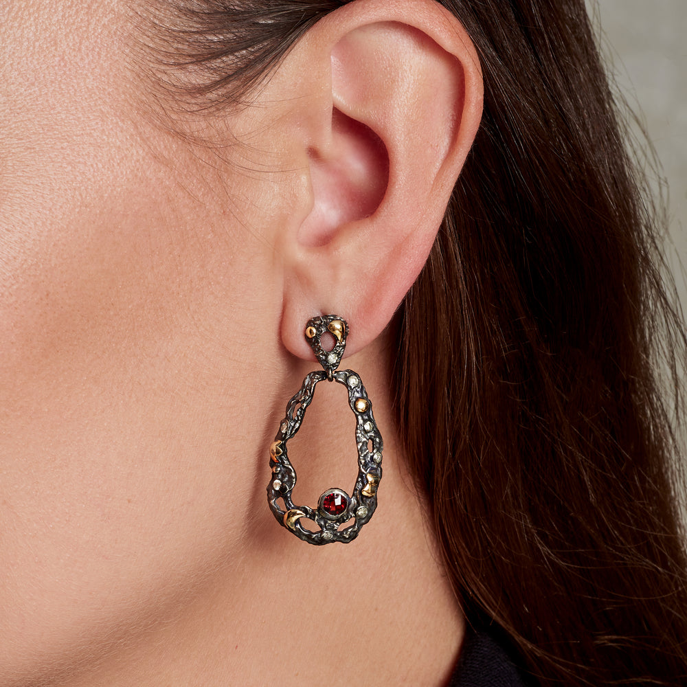 Open Oval Drop Earrings With Garnet & Diamonds