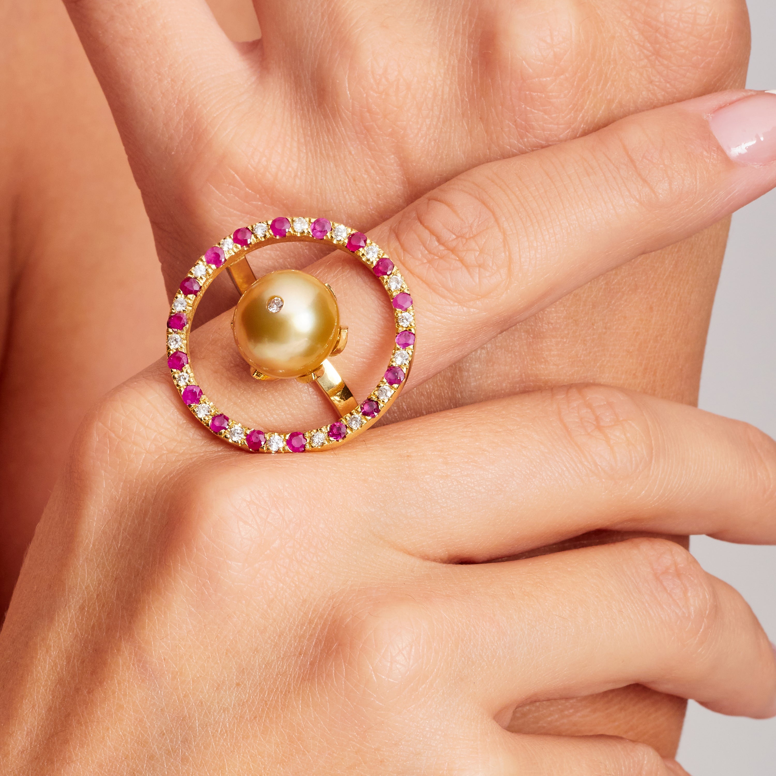 Floating Circle Pearl Ring with Ruby and Diamonds
