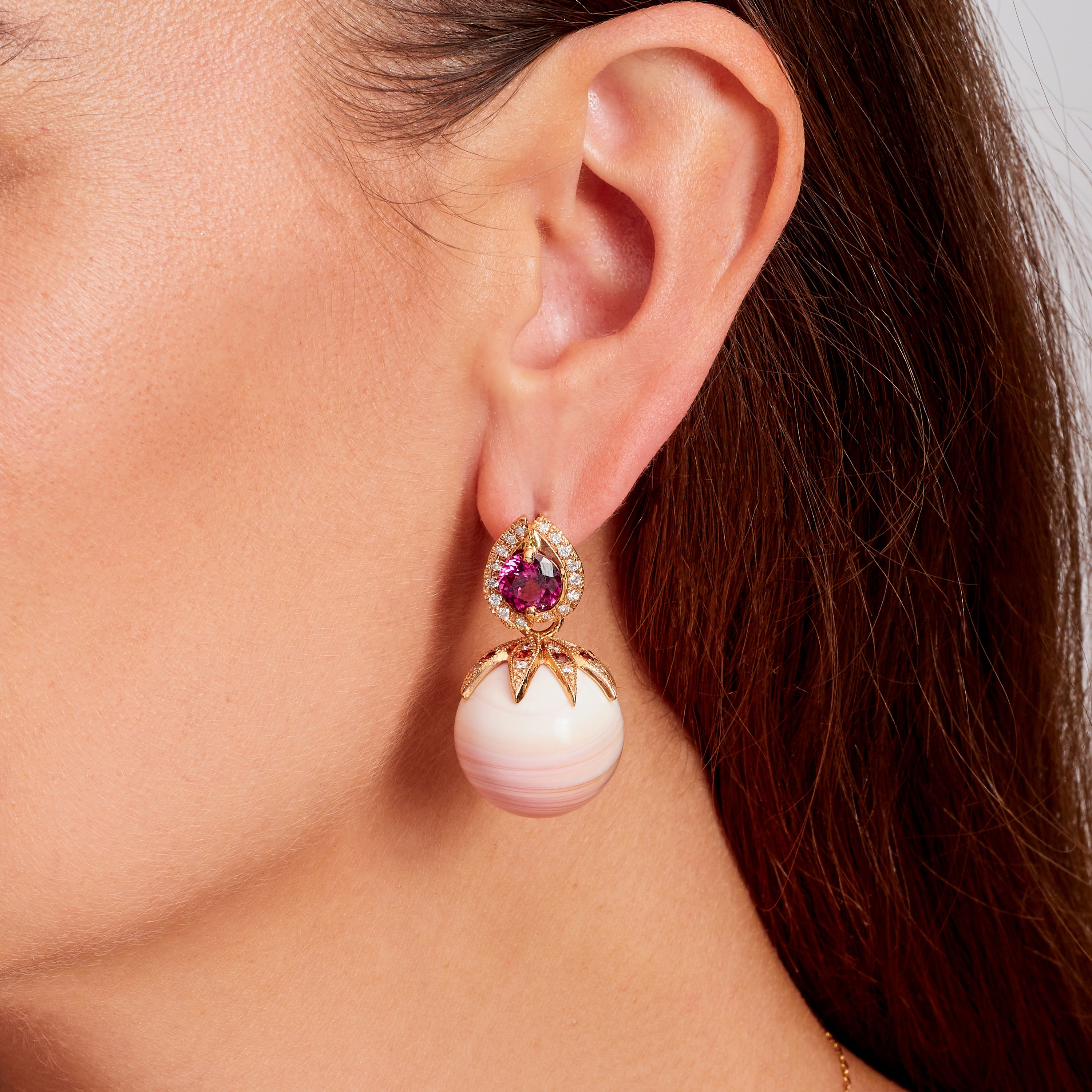 Conch Shell, Rhodolite and Diamond Earrings