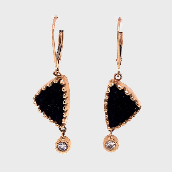 Black Onyx Druzy Triangle and Larger Diamond Gold Earrings