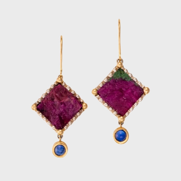 Raw Ruby and Sapphire Cabochon Earrings