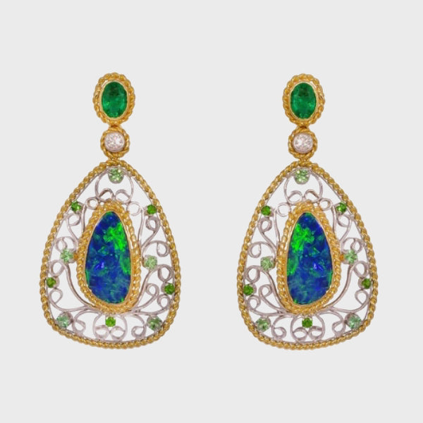 Opal & Emerald Shorter Filigree Earrings