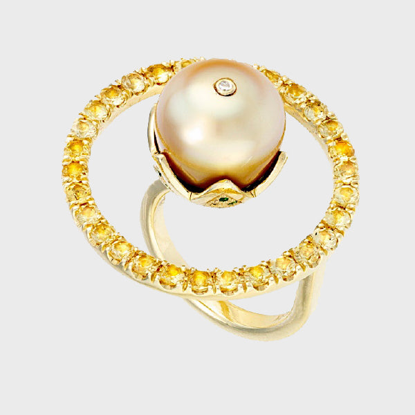 Floating Circle Pearl, Yellow Beryl, Tsavorite, Diamond Ring