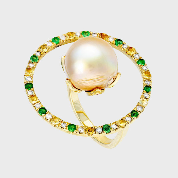 Floating Circle Pearl Ring with Tsavorite and Diamonds