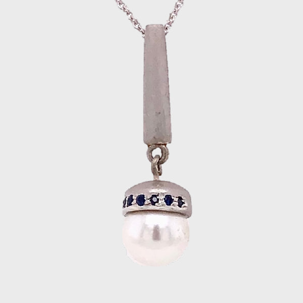 Akoya Pearl and Sapphire Pendant in Brushed Sterling