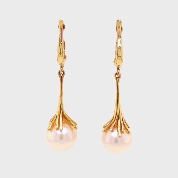 Pearl Dangle Earrings With Harps in 14k Yellow Gold