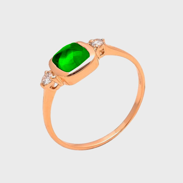 Smooth Band Ring With Sugarloaf Cut Tourmaline & Two Diamonds - Green