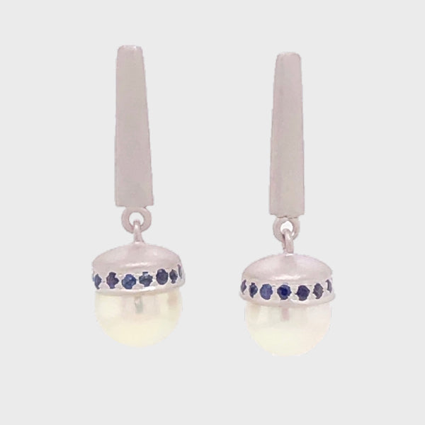Akoya Pearl and Sapphire Earrings in Brushed Sterling