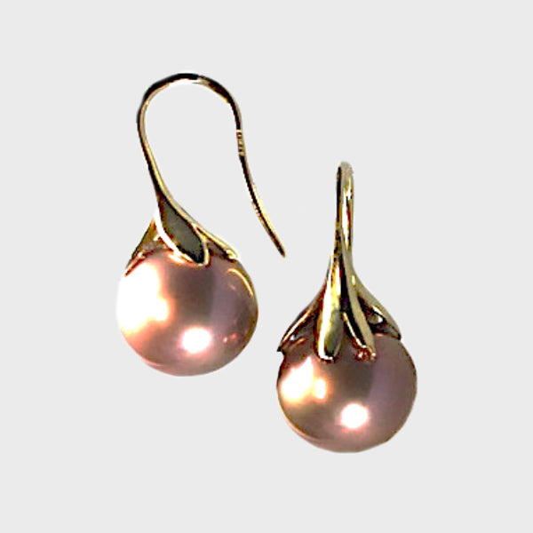 Pink Metallic Pearl Drop Earrings in 14k Yellow Gold