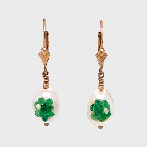 Drop Pearl Earrings with Emeralds