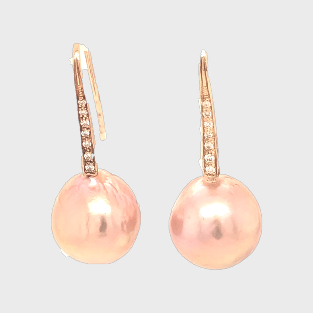 Pink Metallic Pearl Earrings With Diamonds
