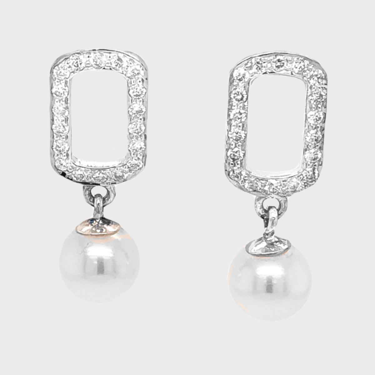 South Sea Pearl and Diamond Square Dangle Earrings in White Gold