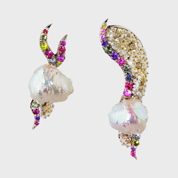 Dissimilar Pearl Ear Cuffs With Sapphires and Diamonds