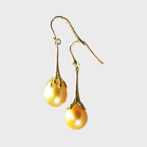 Golden South Sea Dangle Pearl Earrings in 14k Yellow Gold