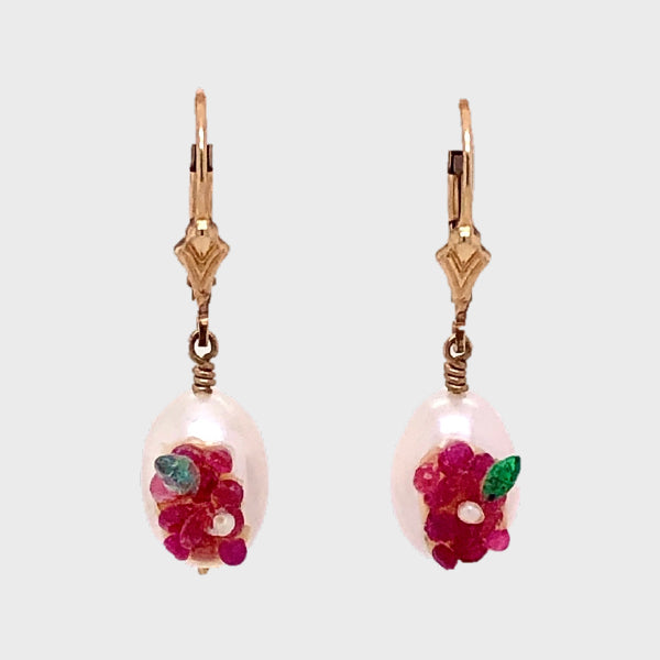 Drop Pearl Earrings with Rubies