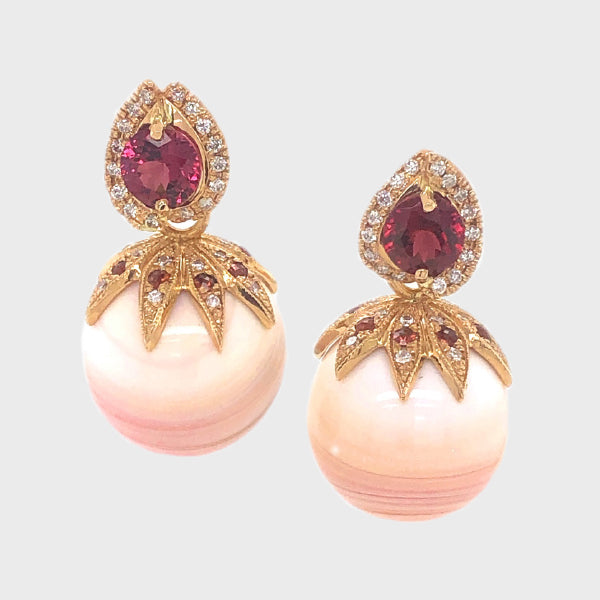 Conch Shell, Rhodolite and Diamond Earrings