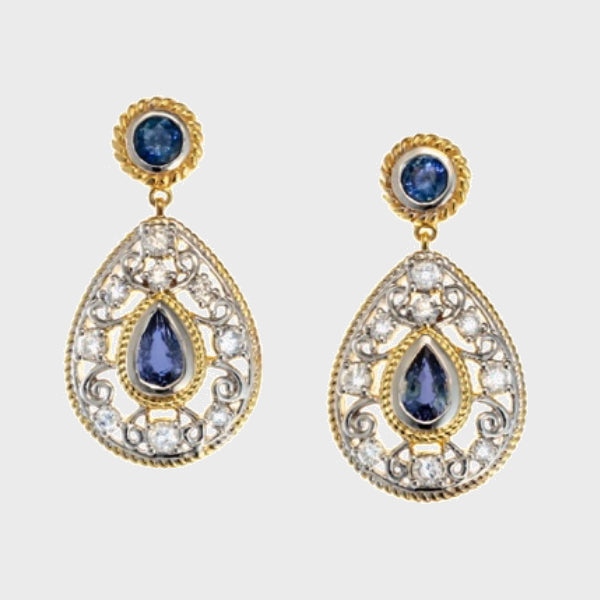 Blue Sapphire & Diamond Filigree Earrings