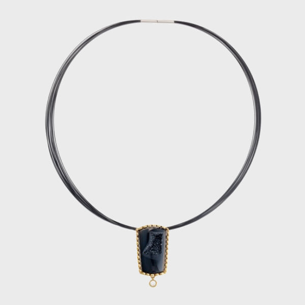 Black Onyx Druzy and Diamond Pendant, Rectangle