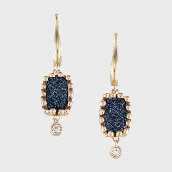 Black Onyx Druzy Rectangles with Diamonds Gold Earrings