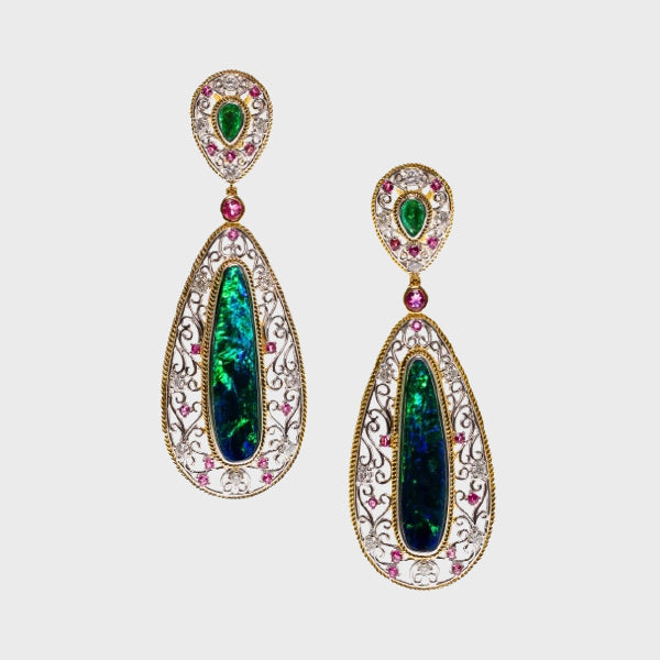 Opal & Emerald Filigree Earrings